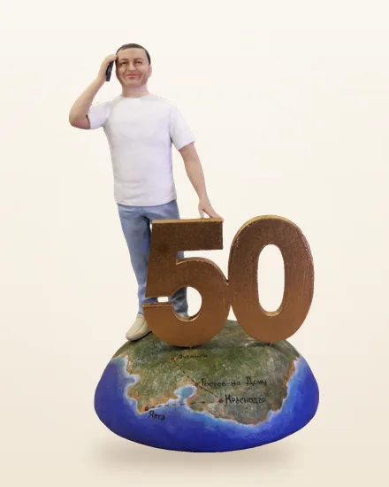 Юбиляр на земном шаре — 3D-статуэтка по фото, подарок на юбилей